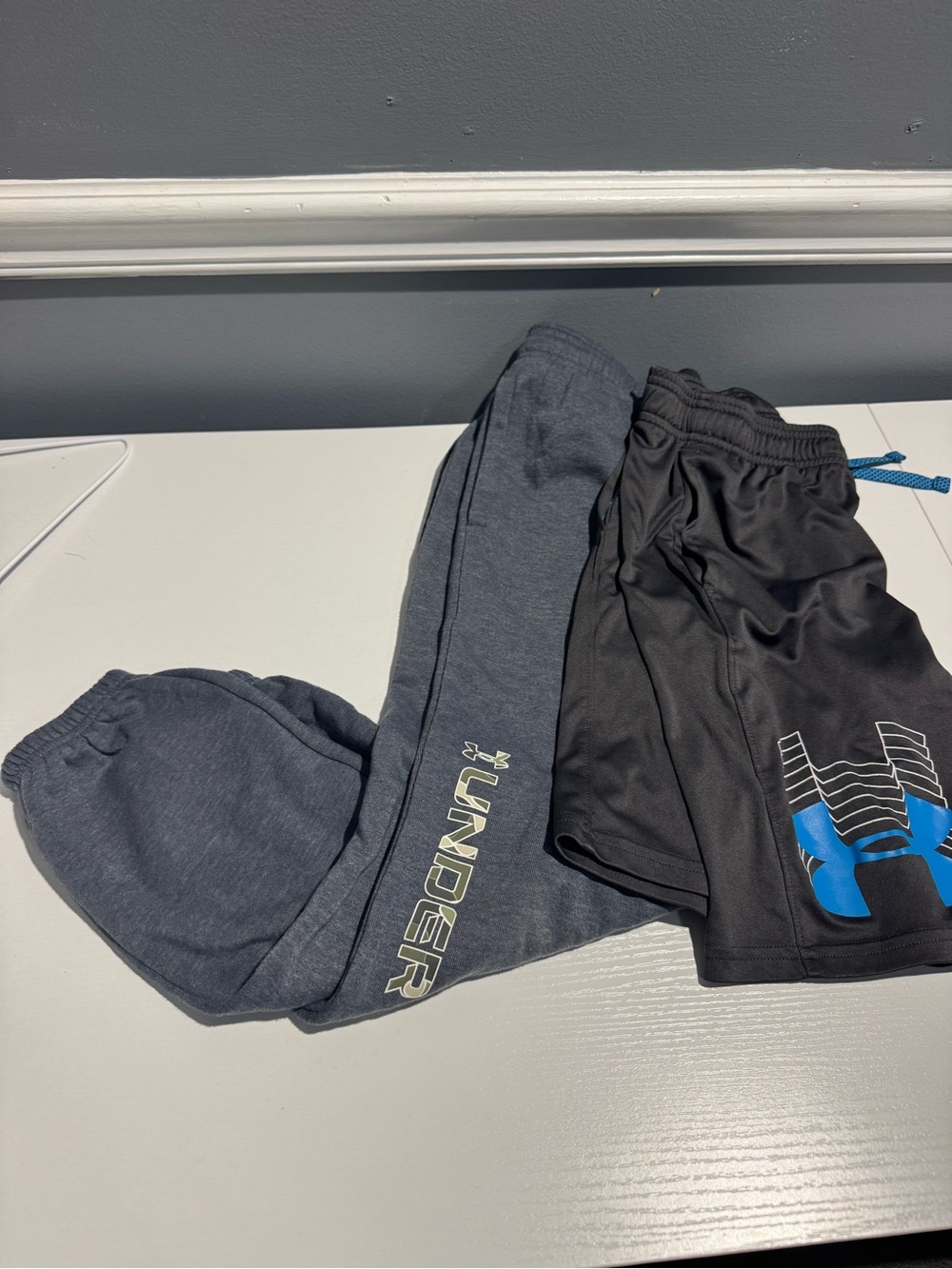 Under Armour Kids Black Shorts with Blue Logo & Gray Jogger Sweatpants